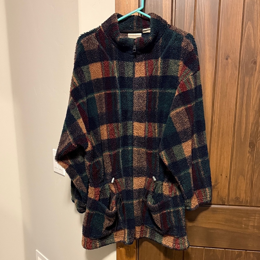 Coldwater Creek Plaid Teddy Jacket in Teal, Burgundy & Tan
